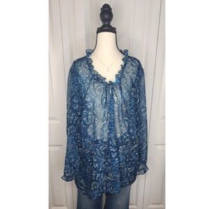 Y2K Plus Size Blue Starry Night Paisley Ruffles Sequins N' Beading Blouse